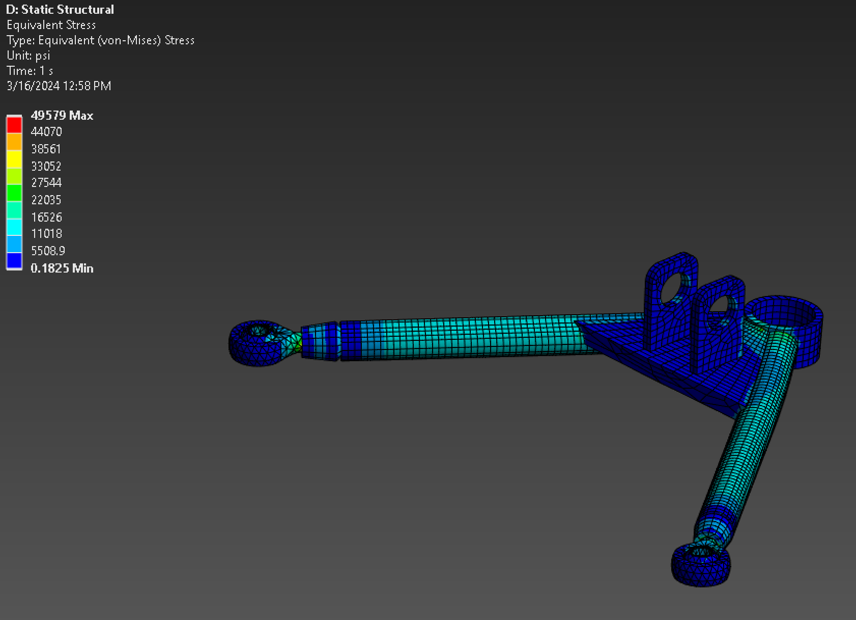 Ansys Structural simulation of the maximum stress the control arm will experience
